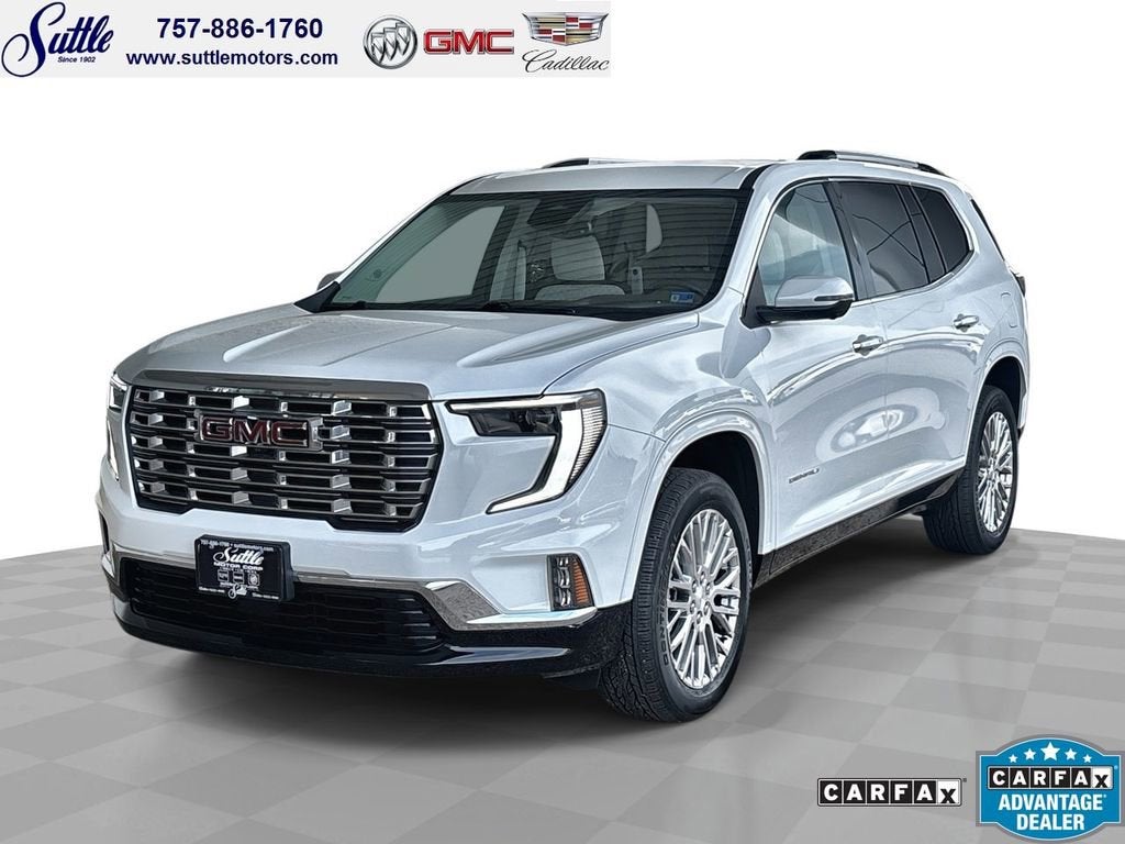 2024 GMC Acadia Denali in Summit White — front three-quarter view